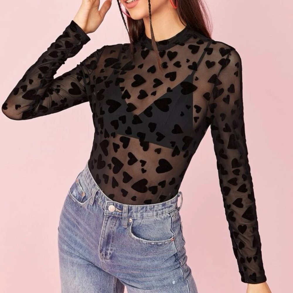 Mock Neck Sheer Velvet Heart Bodysuit